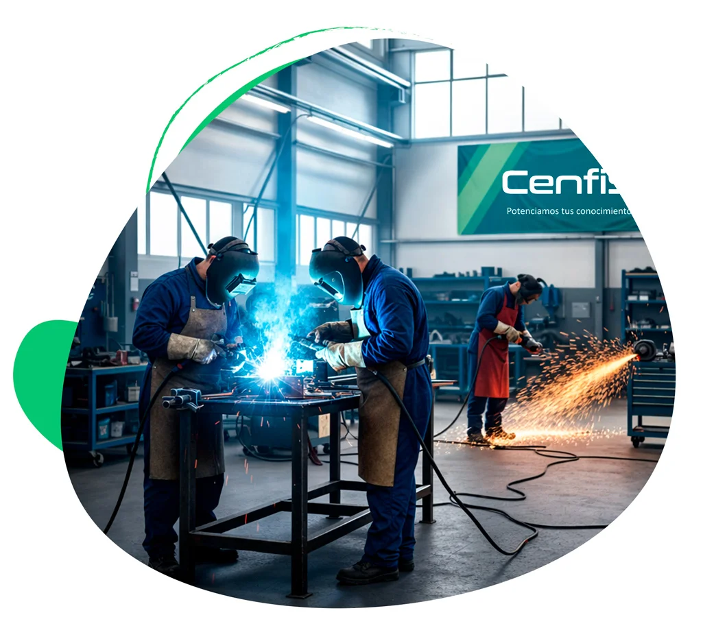 Estudiante practicando soldadura industrial en los talleres de CenfiSold en Piura, Perú.